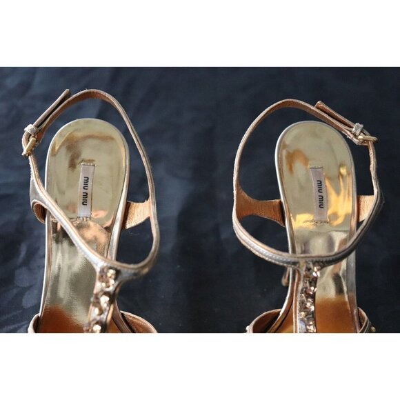 Miu Miu Womens Size 37 Gold Studded Sandals Open Toe Crystal Strap Stiletto Heel - Picture 6 of 12